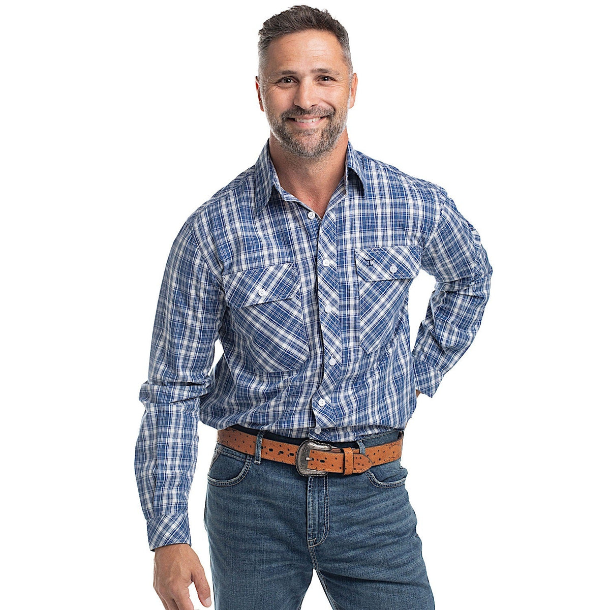 Just Country Men’s Austin Full Button Workshirt - Royal Blue & White Plaid