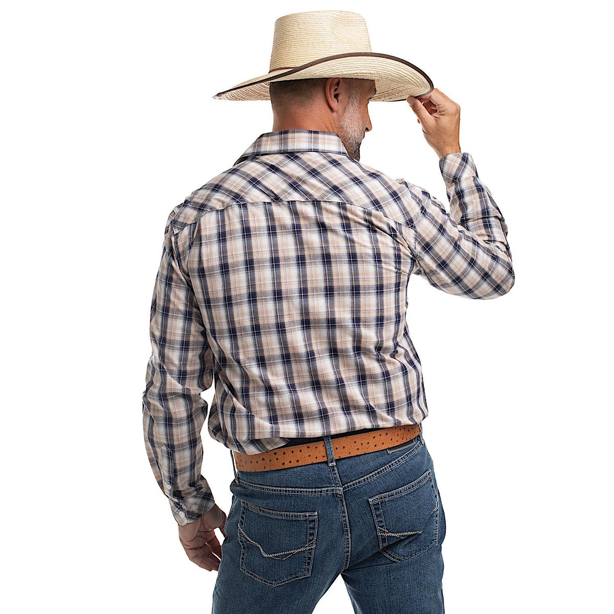 Just Country Men’s Austin Full Button Workshirt - Tan/Navy/White Plaid