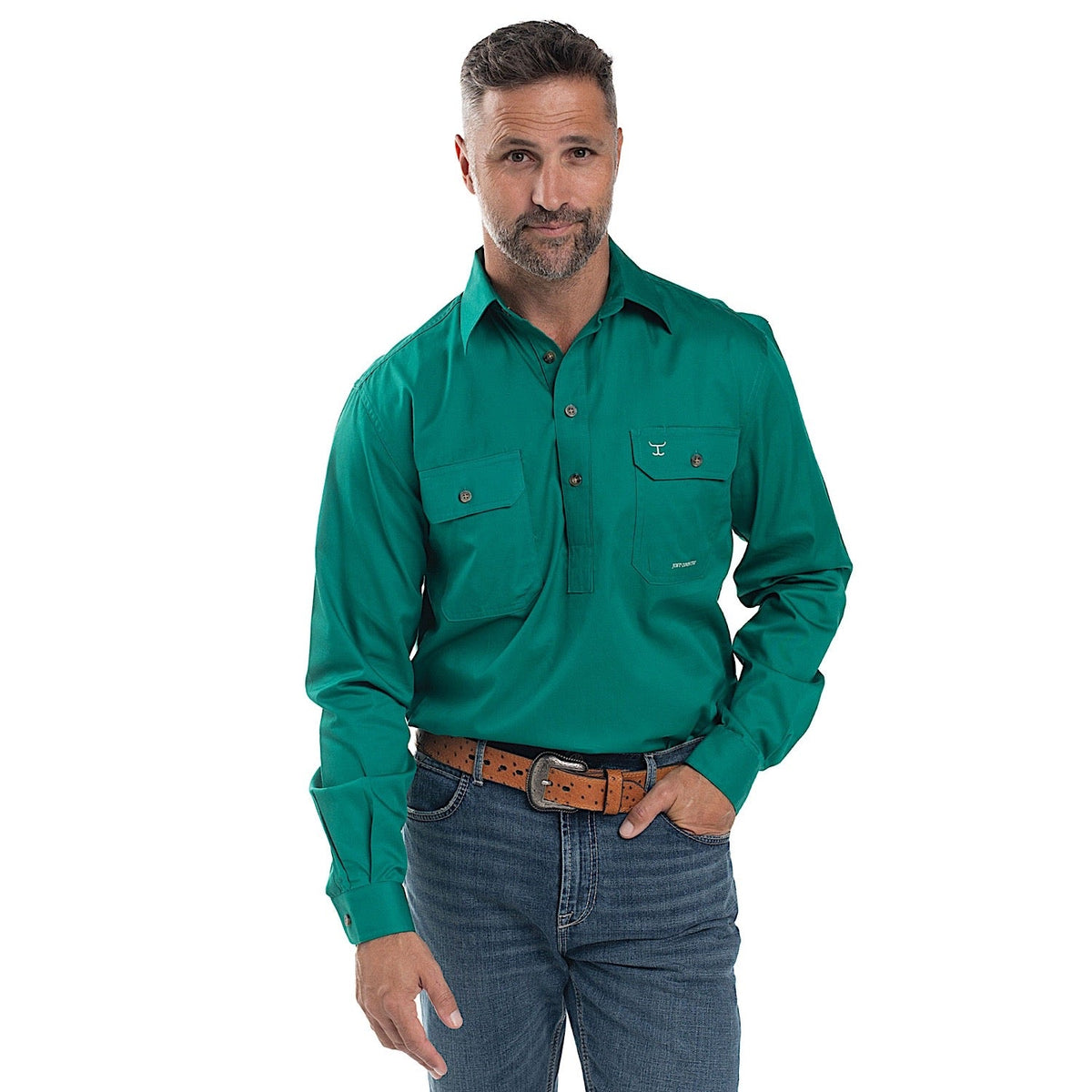 Just Country Mens Cameron 1/2 Button Work Shirt Dark Green