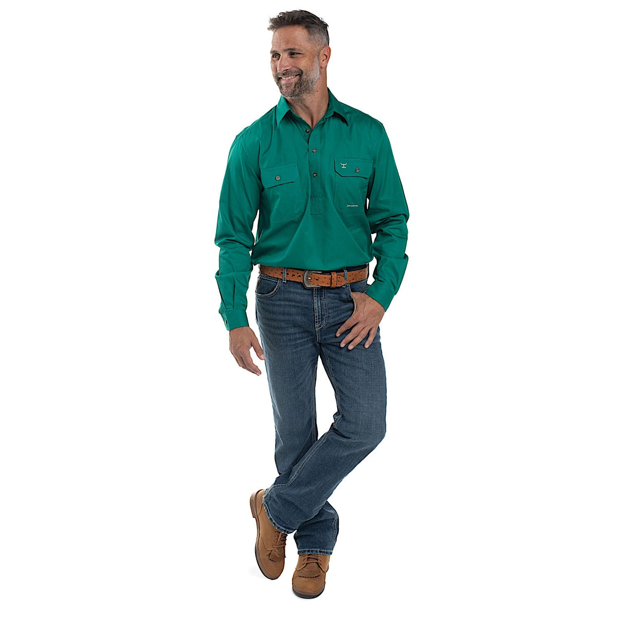 Just Country Mens Cameron 1/2 Button Work Shirt Dark Green