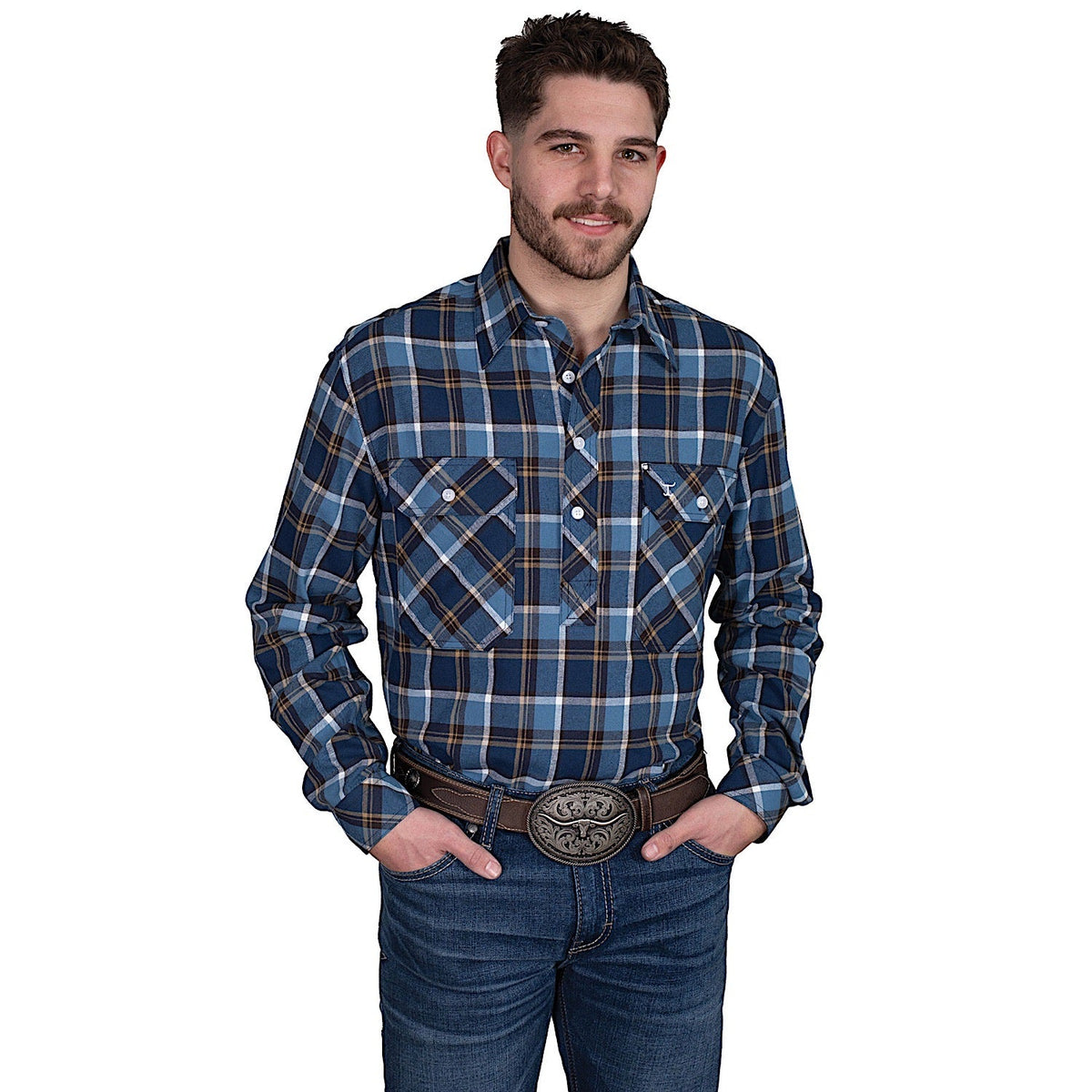 Just Country Men’s Cameron Flannel Shirt - Plaid Blue / Navy / Tan