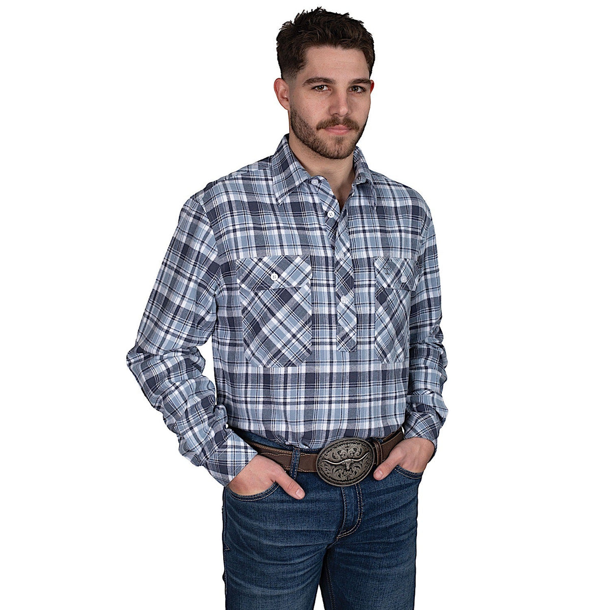 Just Country Men’s Cameron Flannel Shirt - Plaid Grey / Navy / White