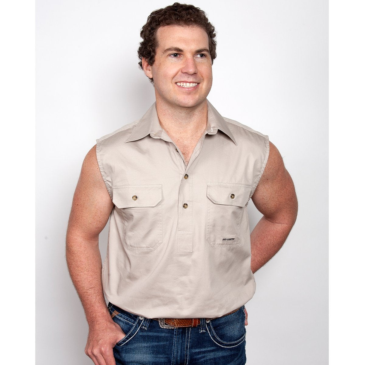 Just Country Men’s Jack 1/2 Button Sleeveless Work Shirt Stone