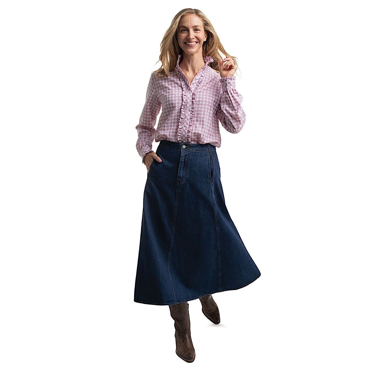 Just Country Women’s Abbey Frills Full Button Check Workshirt - Berry & White Check