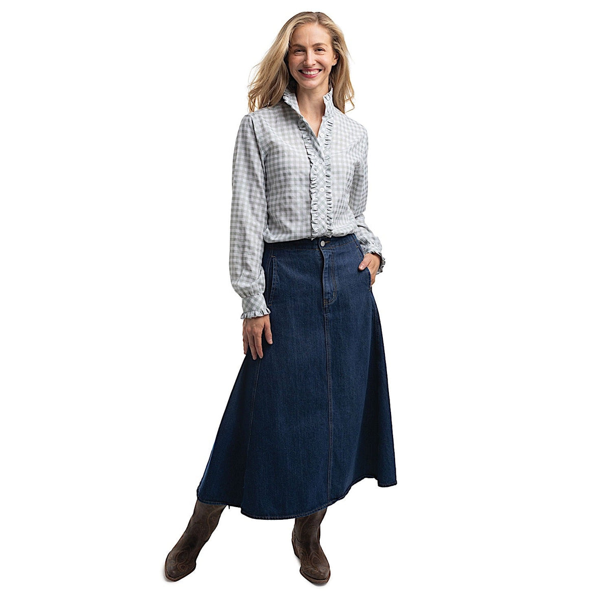 Just Country Women’s Abbey Frills Full Button Check Workshirt - Sage & White Check