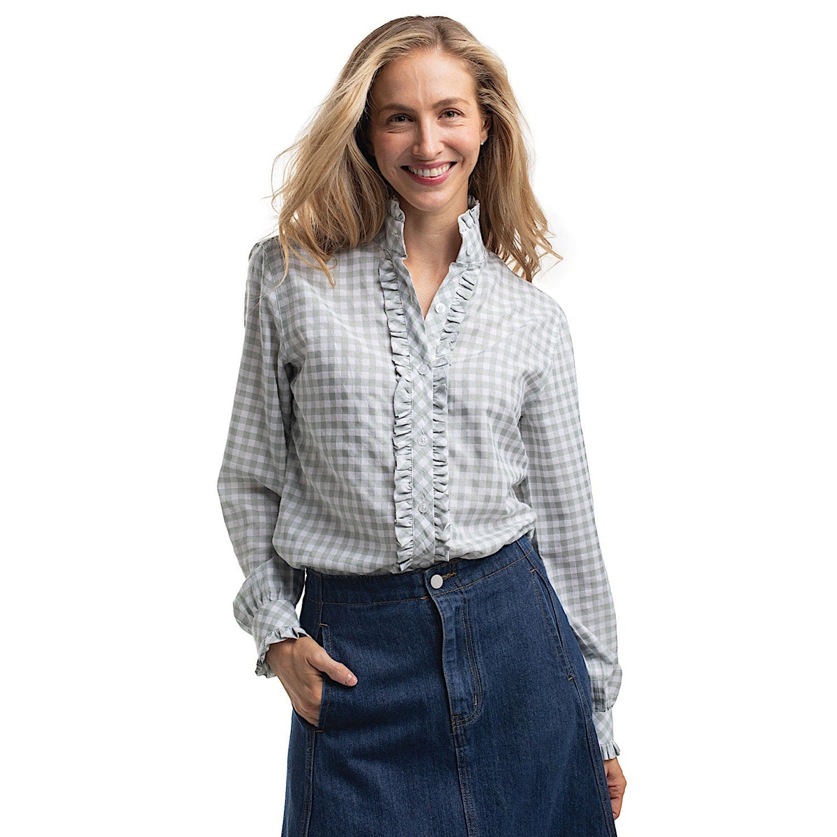 Just Country Women’s Abbey Frills Full Button Check Workshirt - Sage & White Check