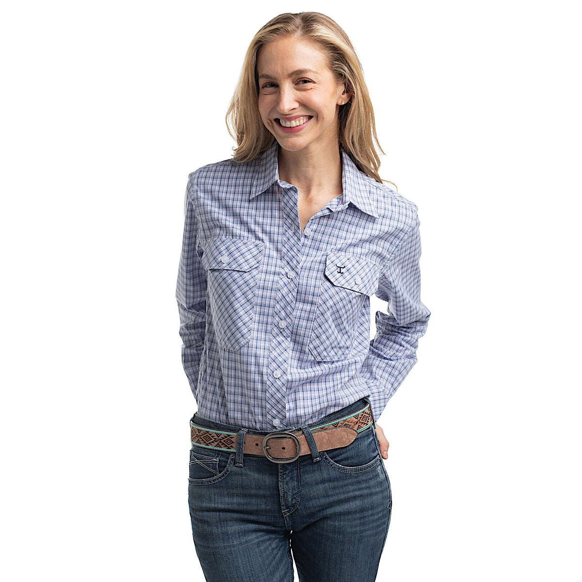 Just Country Women’s Abbey Full Button Check Workshirt - Navy & Lavender Check