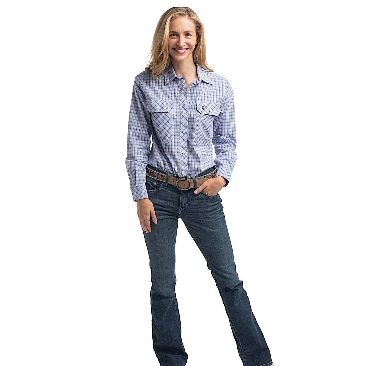 Just Country Women’s Abbey Full Button Check Workshirt - Navy & Lavender Check