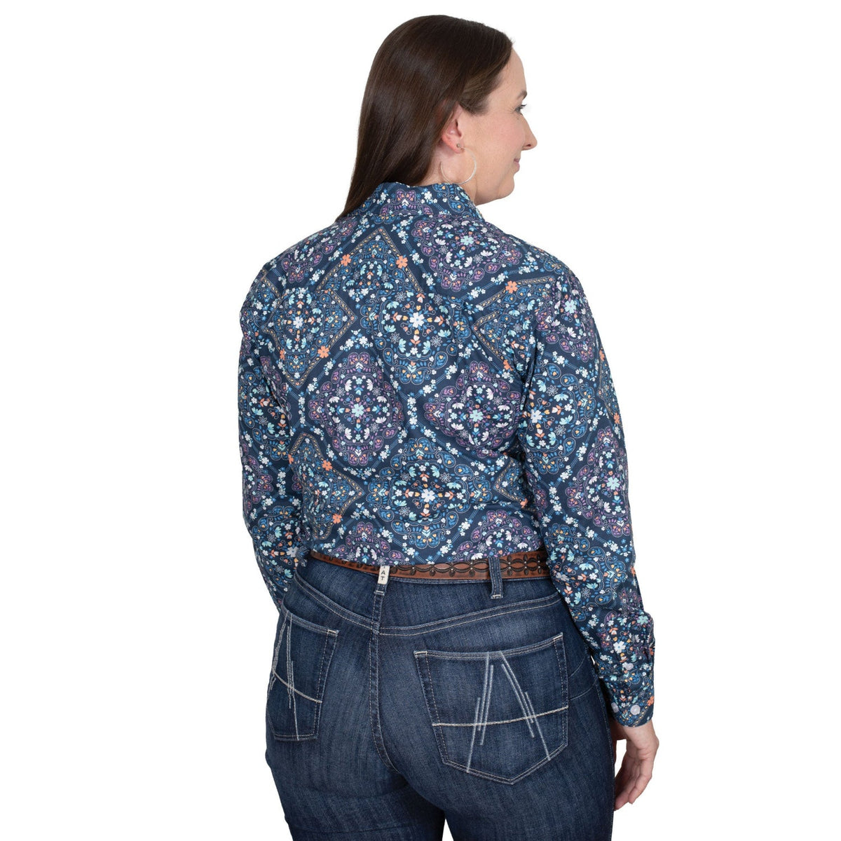 Just Country Women’s Abbey Full Button Print Work Shirt - Navy Floral Tiles