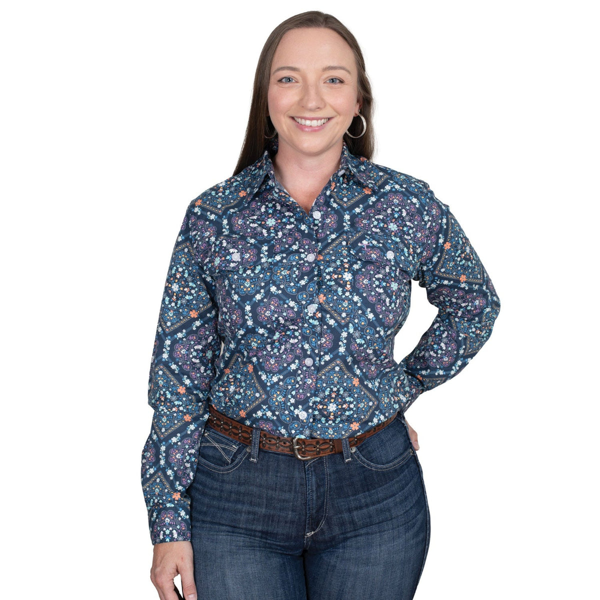 Just Country Women’s Abbey Full Button Print Work Shirt - Navy Floral Tiles