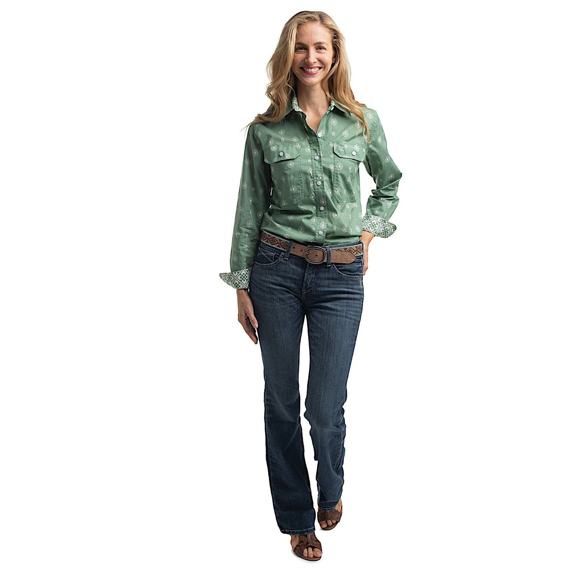 Just Country Women’s Abbey Full Button Print Workshirt - Eucalyptus & White