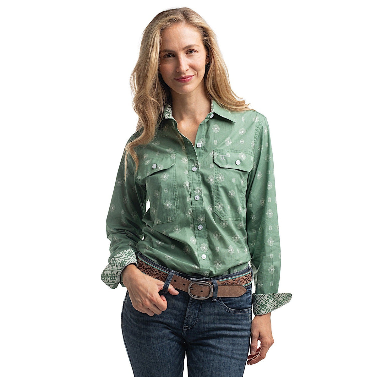 Just Country Women’s Abbey Full Button Print Workshirt - Eucalyptus & White