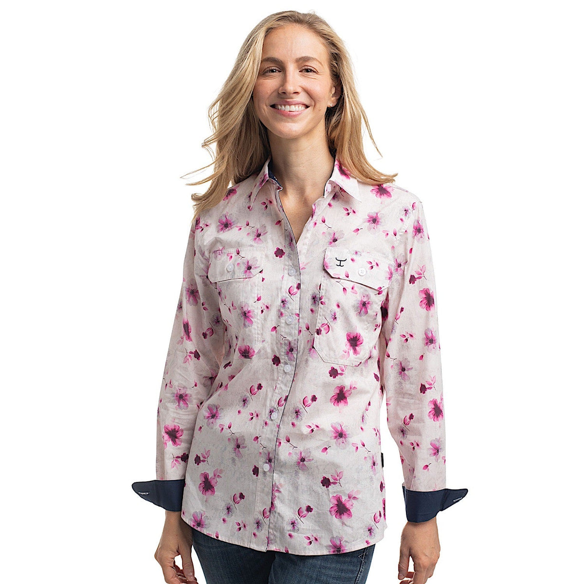 Just Country Women’s Abbey Full Button Print Workshirt - Magenta Violets/Navy