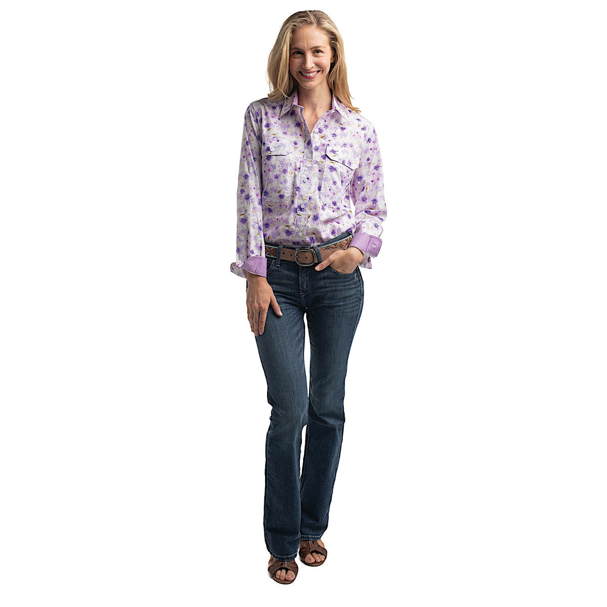 Just Country Women’s Abbey Full Button Print Workshirt - Purple & White Wildflowers