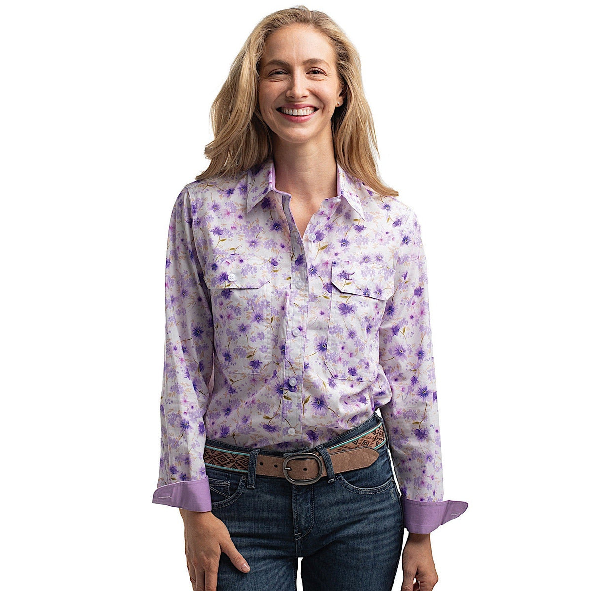 Just Country Women’s Abbey Full Button Print Workshirt - Purple & White Wildflowers