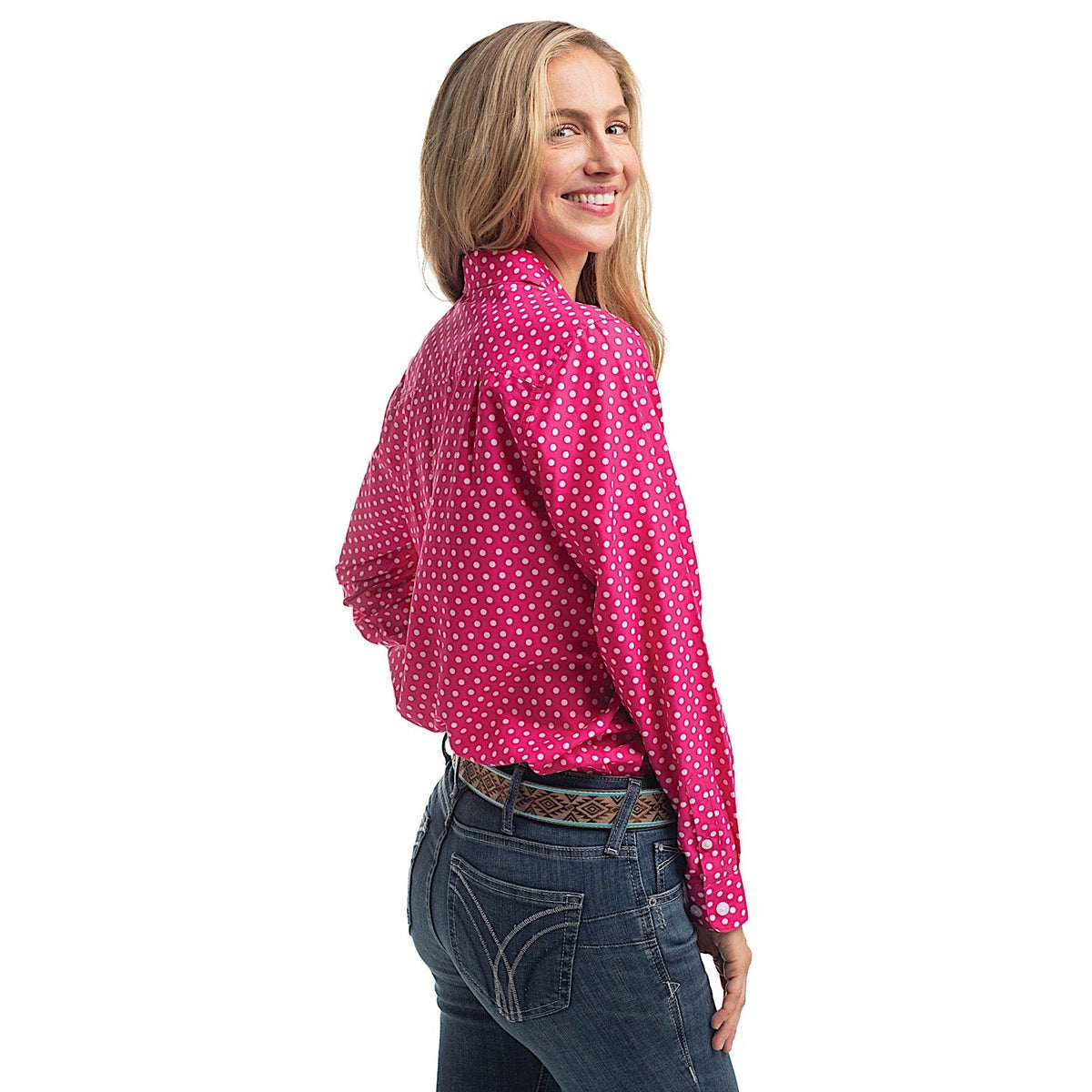Just Country Women’s Abbey Full Button Print Workshirt - Raspberry & White Polka Dots