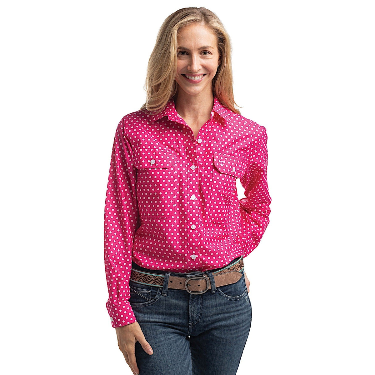 Just Country Women’s Abbey Full Button Print Workshirt - Raspberry & White Polka Dots