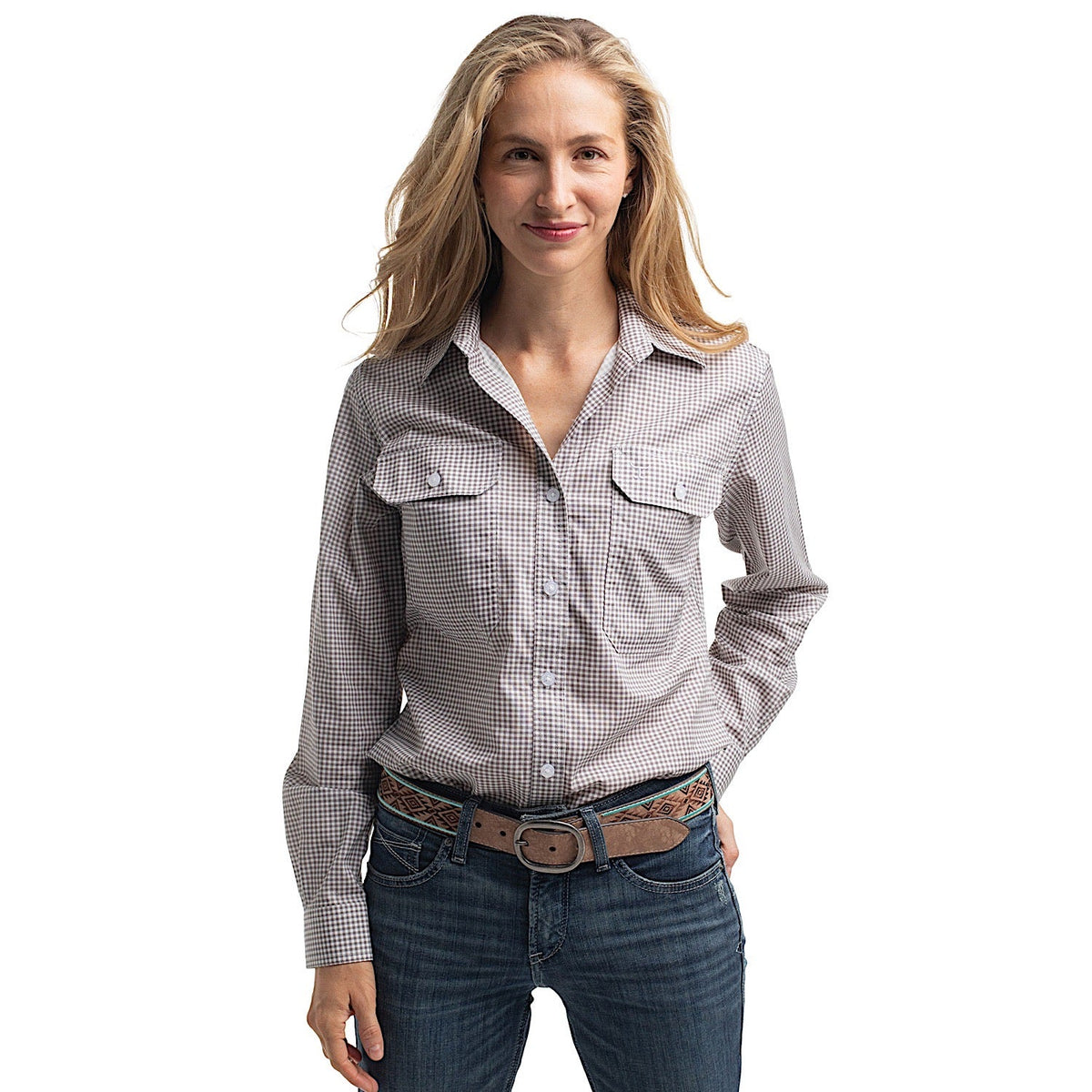 Just Country Women’s Abbey Full Button Print Workshirt - Smoke Grey/White Mini Check