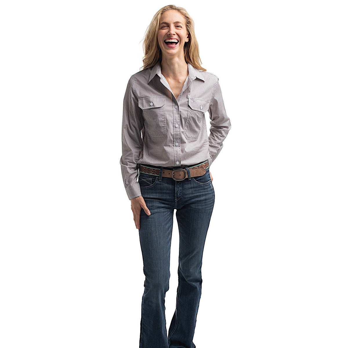 Just Country Women’s Abbey Full Button Print Workshirt - Smoke Grey/White Mini Check