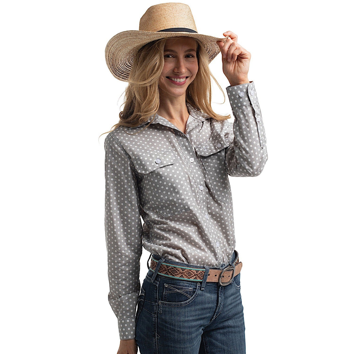 Just Country Women’s Abbey Full Button Print Workshirt - Smoke Grey & White Polka Dots