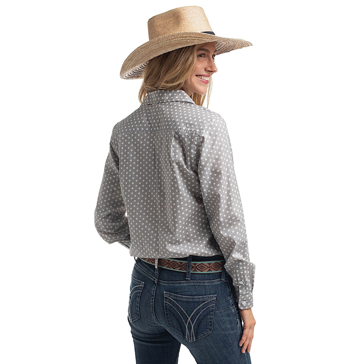 Just Country Women’s Abbey Full Button Print Workshirt - Smoke Grey & White Polka Dots
