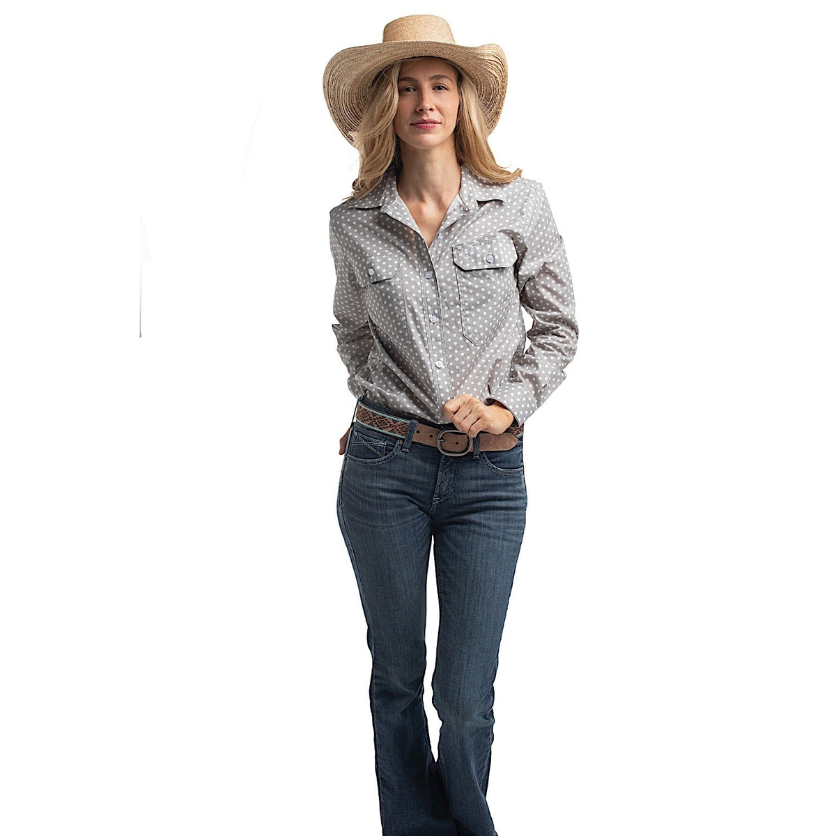 Just Country Women’s Abbey Full Button Print Workshirt - Smoke Grey & White Polka Dots