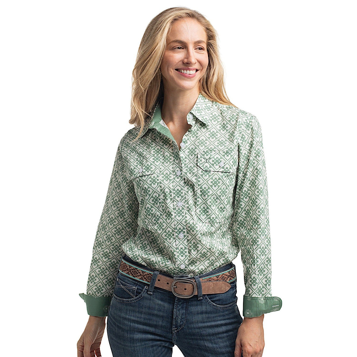 Just Country Women’s Abbey Full Button Print Workshirt - White & Eucalyptus Tile