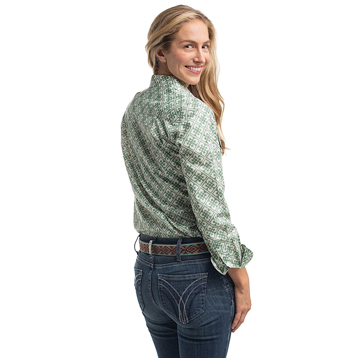 Just Country Women’s Abbey Full Button Print Workshirt - White & Eucalyptus Tile