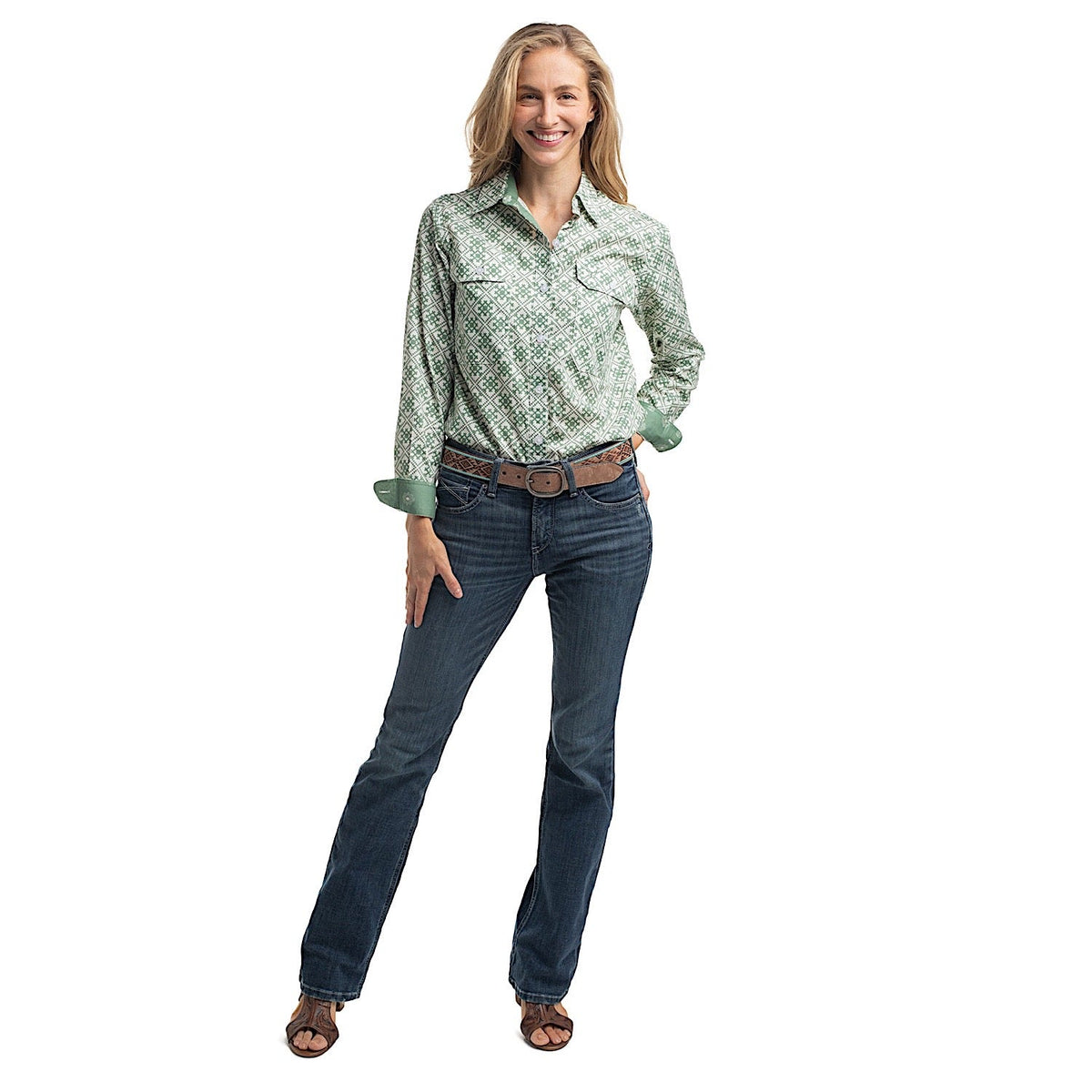Just Country Women’s Abbey Full Button Print Workshirt - White & Eucalyptus Tile