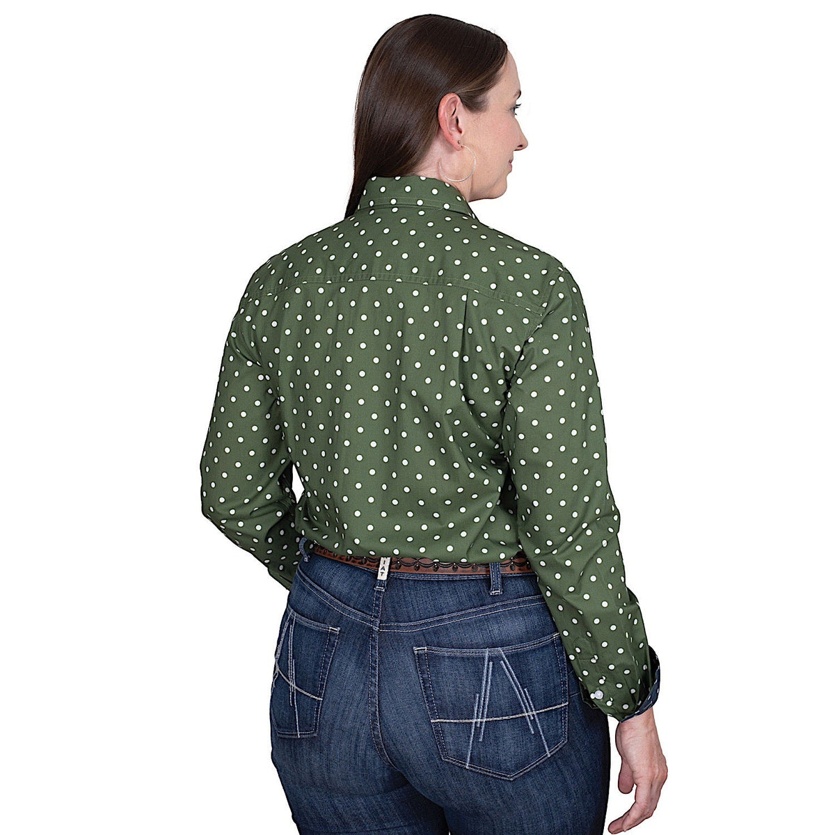 Just Country Women’s Abbey Full Button Work Shirt - Cedar Green Dots/Navy Dots