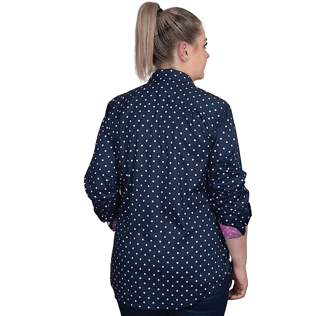 Just Country Women’s Abbey Full Button Work Shirt - Navy Dots/Radiant Orchid Dots