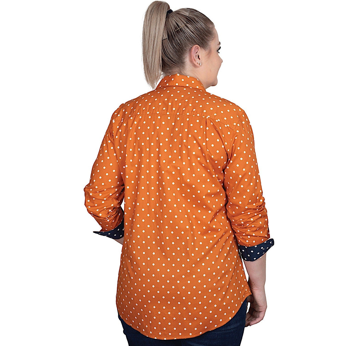 Just Country Women’s Abbey Full Button Work Shirt - Pumpkin Spice Dots/Navy Dots