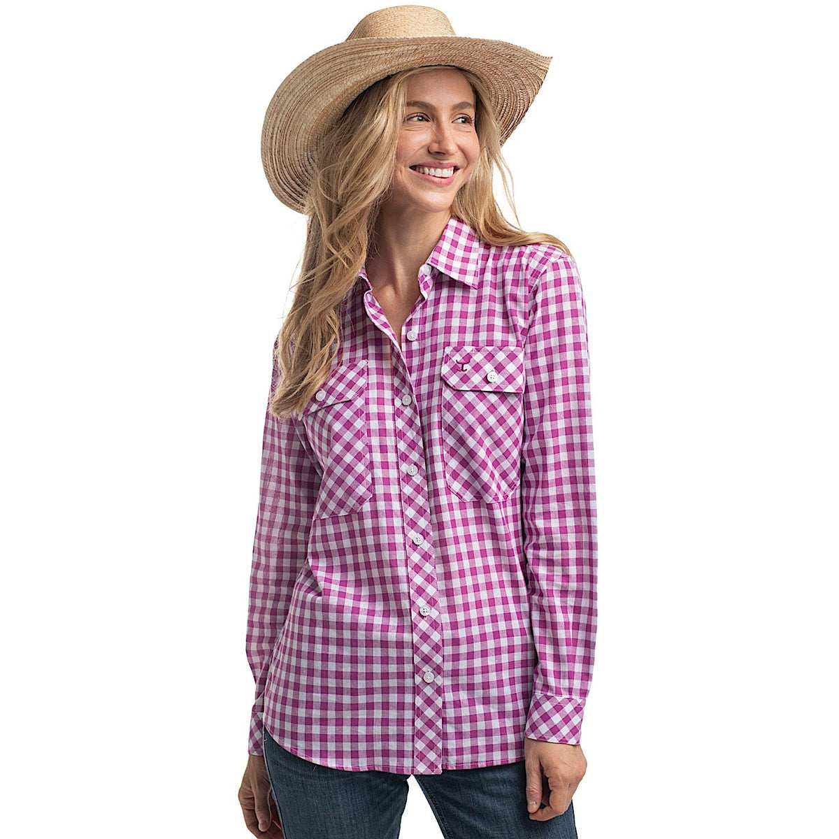 Just Country Women’s Abbey Full Button Workshirt - Magenta/White Check