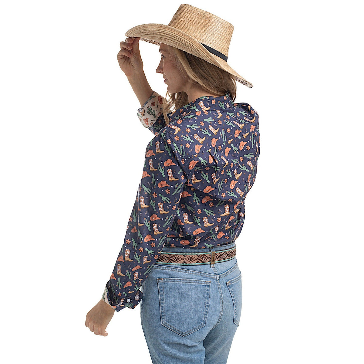 Just Country Women’s Abbey Full Button Workshirt - Navy Western Boots Print