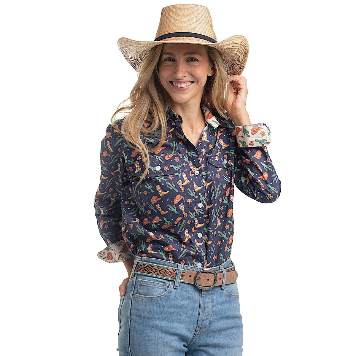 Just Country Women’s Abbey Full Button Workshirt - Navy Western Boots Print