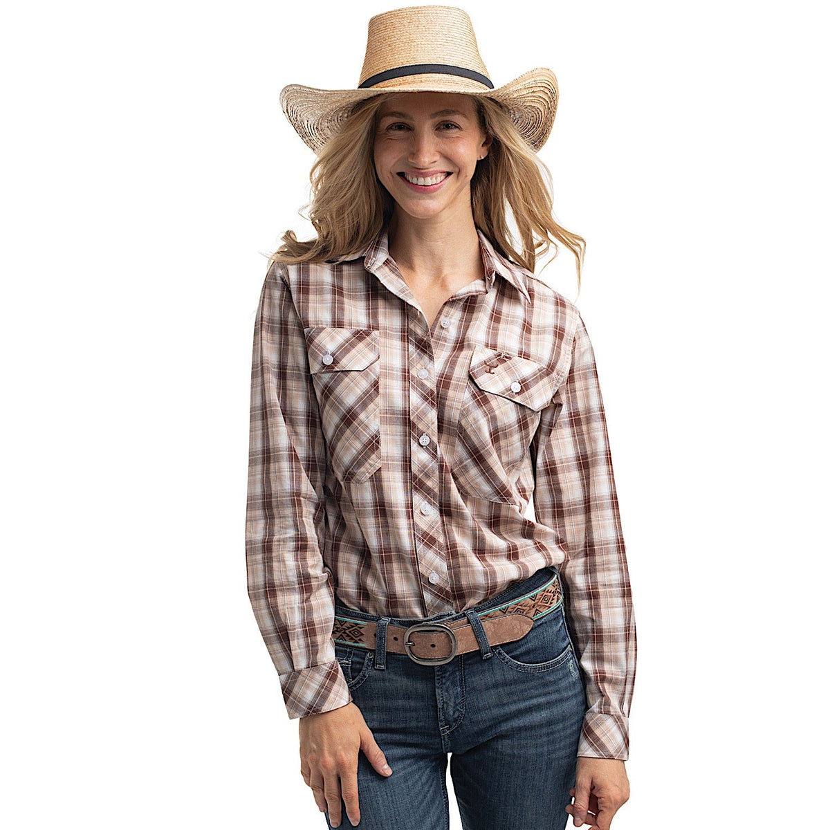 Just Country Women’s Abbey Full Button Workshirt - Tan/Chocolate/White Plaid