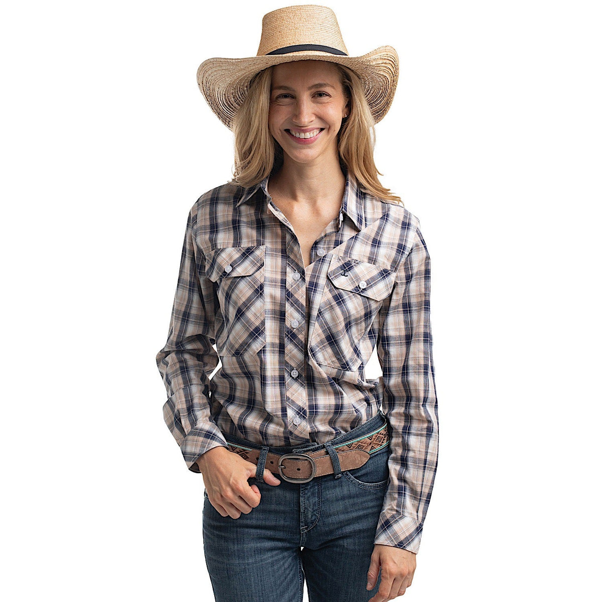 Just Country Women’s Abbey Full Button Workshirt - Tan/Navy/White Plaid