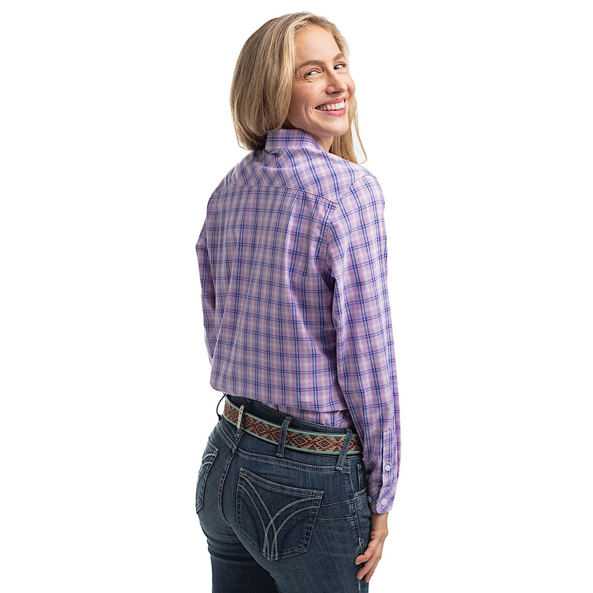 Just Country Women’s Georgie Half Button Check Work Shirt - Orchid & Royal Blue