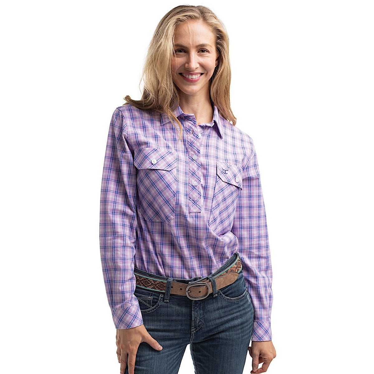 Just Country Women’s Georgie Half Button Check Work Shirt - Orchid & Royal Blue