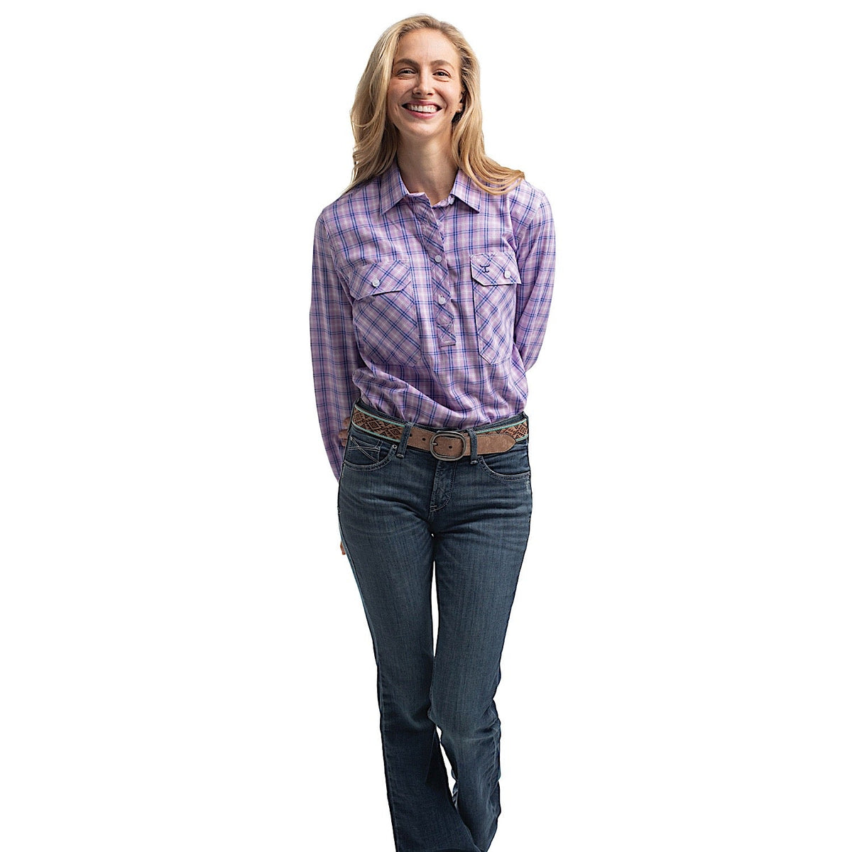 Just Country Women’s Georgie Half Button Check Work Shirt - Orchid & Royal Blue