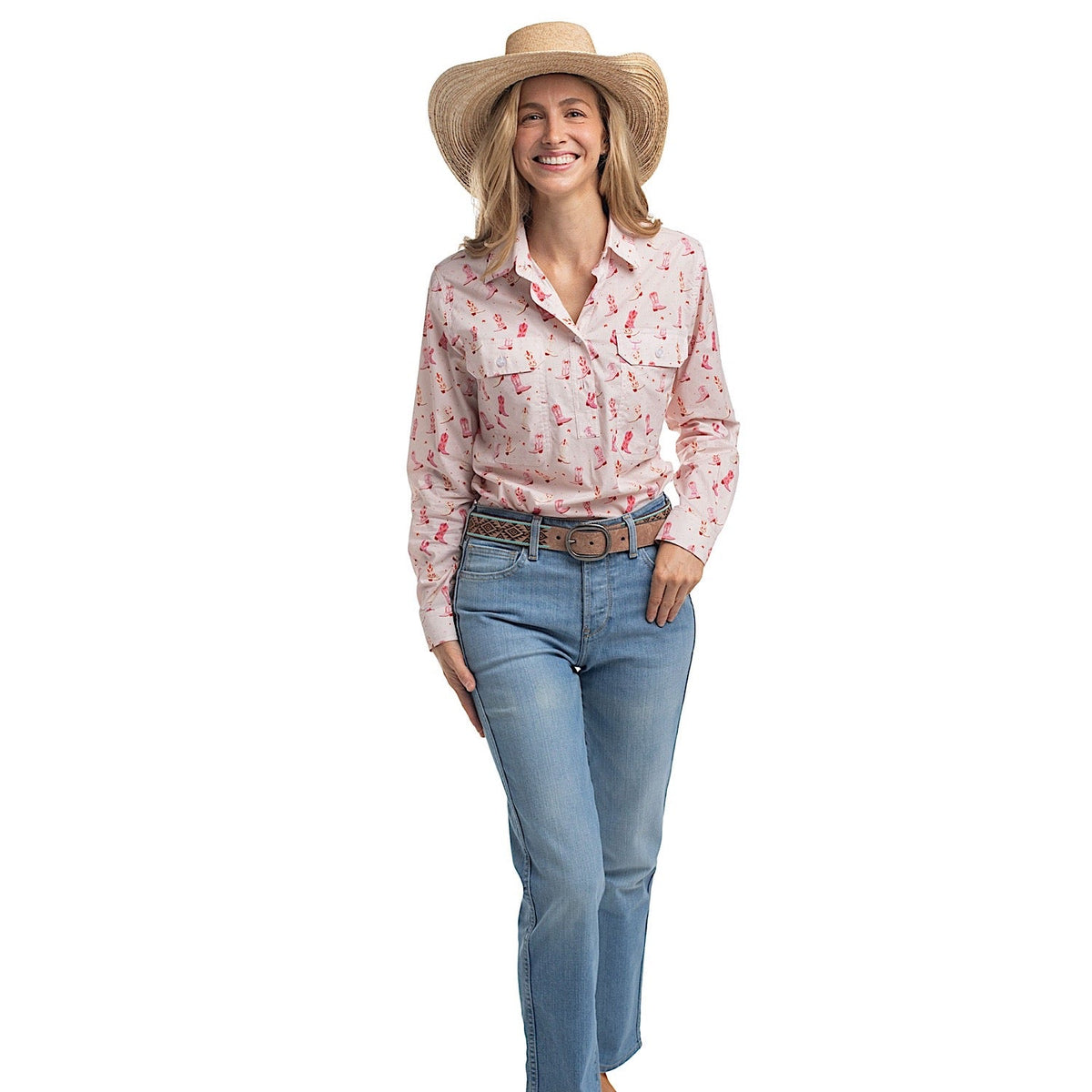 Just Country Women’s Georgie Half Button Print Work Shirt - Baby Pink Boots