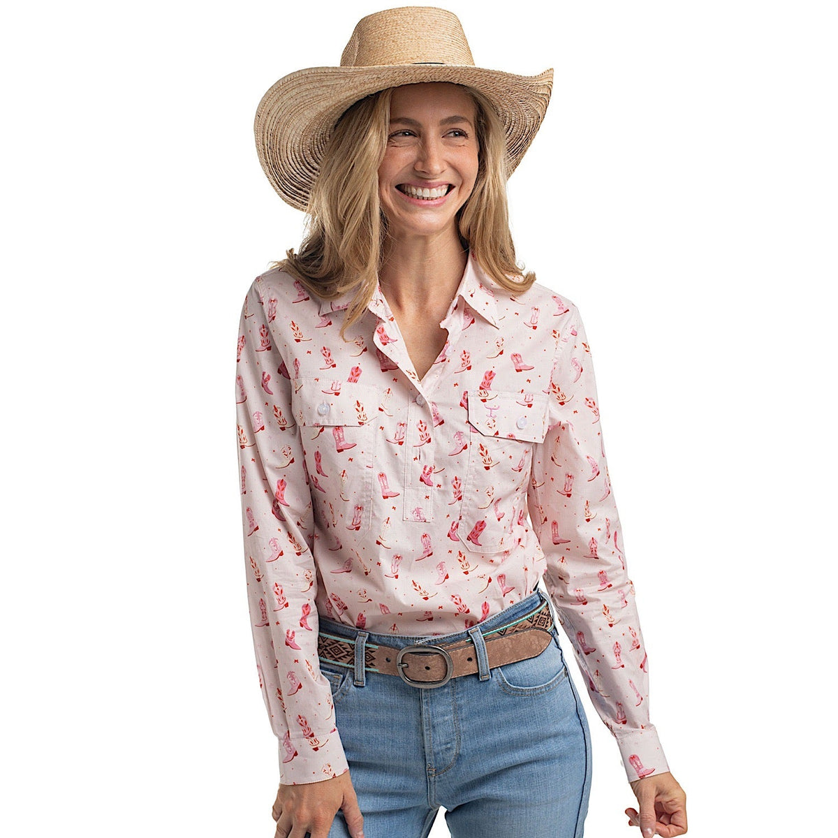 Just Country Women’s Georgie Half Button Print Work Shirt - Baby Pink Boots