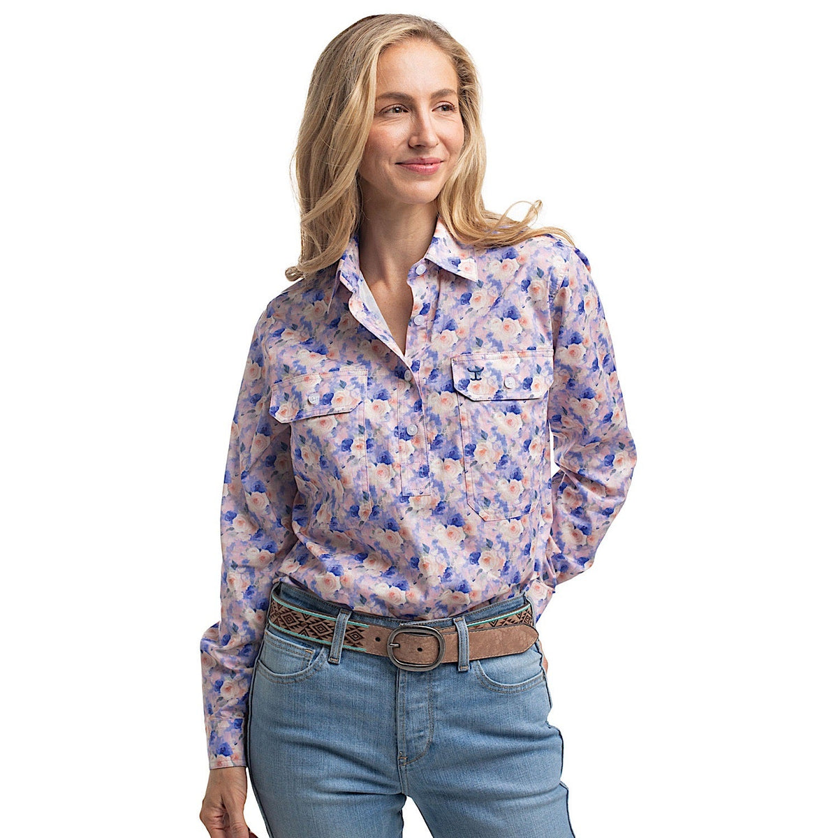 Just Country Women’s Georgie Half Button Print Work Shirt - Blue & Baby Pink Watercolour Roses
