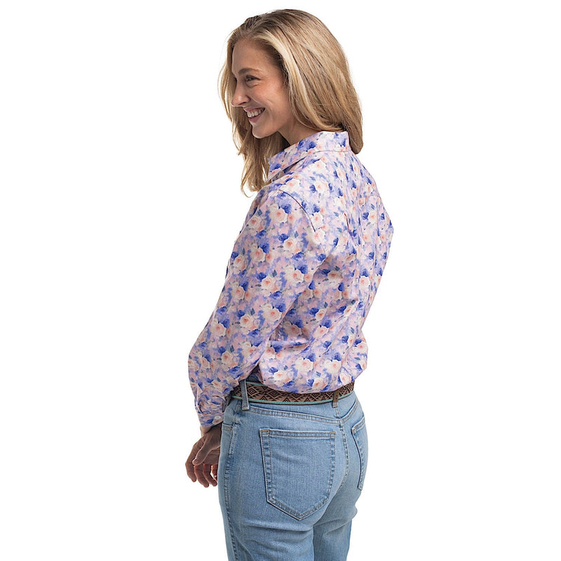 Just Country Women’s Georgie Half Button Print Work Shirt - Blue & Baby Pink Watercolour Roses