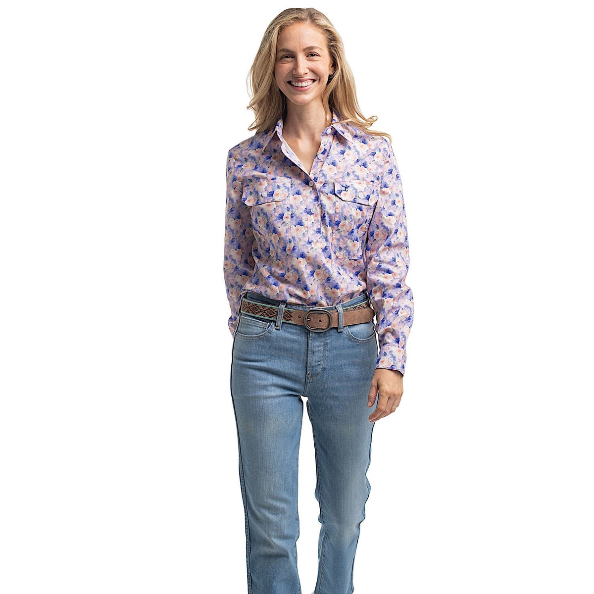 Just Country Women’s Georgie Half Button Print Work Shirt - Blue & Baby Pink Watercolour Roses