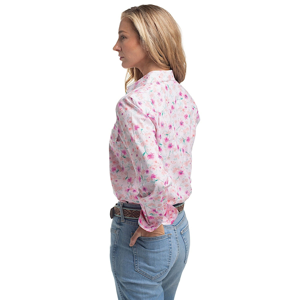 Just Country Women’s Georgie Half Button Print Work Shirt - Hot Pink & White Wildflowers