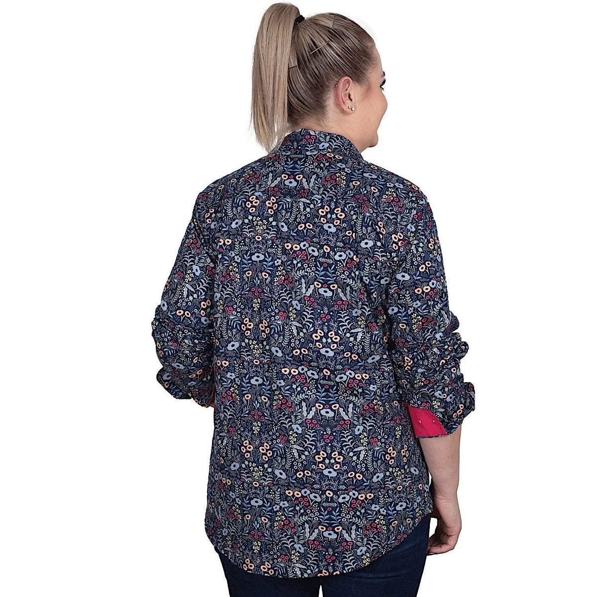 Just Country Women’s Georgie Half Button Print Work Shirt - Navy Meadow Flowers/Hot Pink