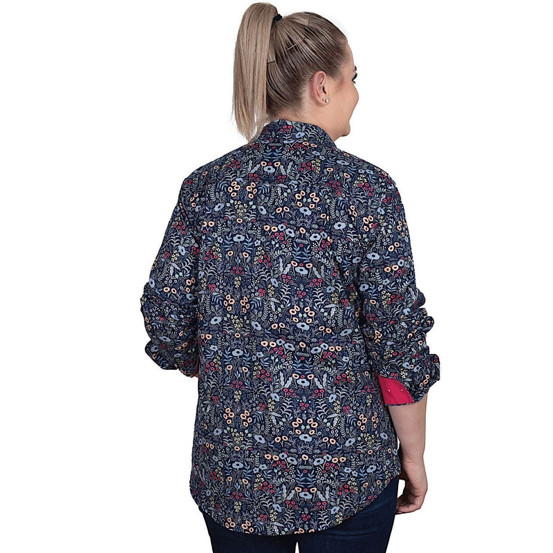 Just Country Women’s Georgie Half Button Print Work Shirt - Navy Meadow Flowers/Hot Pink