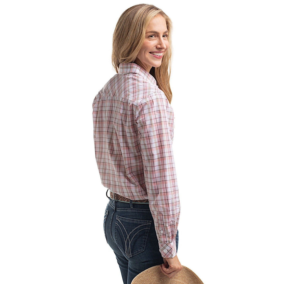 Just Country Women’s Georgie Half Button Work Shirt - White/Tan/Baby Pink Plaid