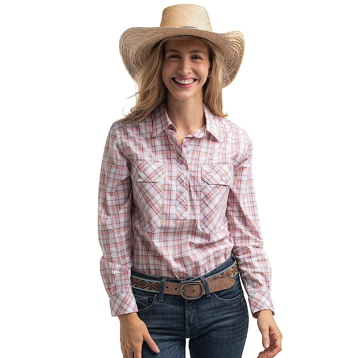 Just Country Women’s Georgie Half Button Work Shirt - White/Tan/Baby Pink Plaid